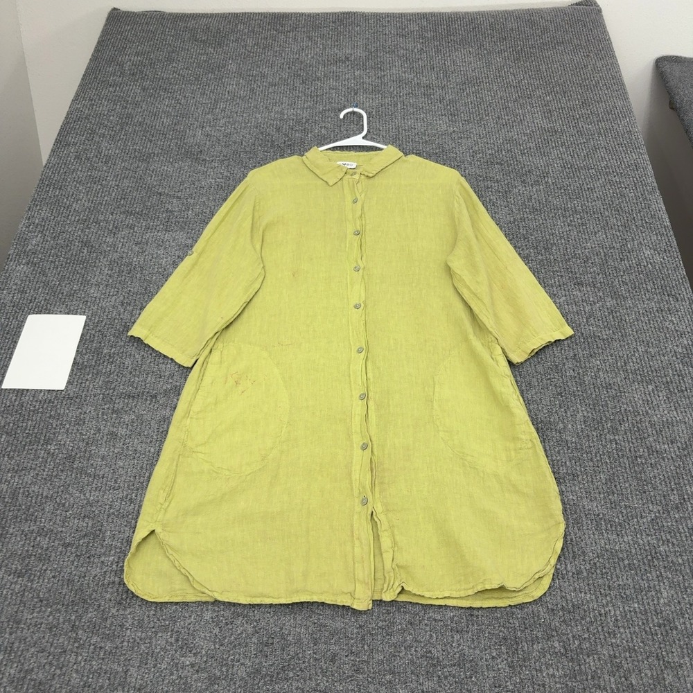 Mida Shirt Dress Womens Pit 20.5 Green Linen Roll Tab Sleeve Tunic Lagenlook